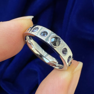 14k White Gold Bezel-set 3mm Salt and Pepper Diamond with Flush-set 6pc Small Purple Sapphires on 4mm Industrial Mirror Band Custom Ring, Size 5.125