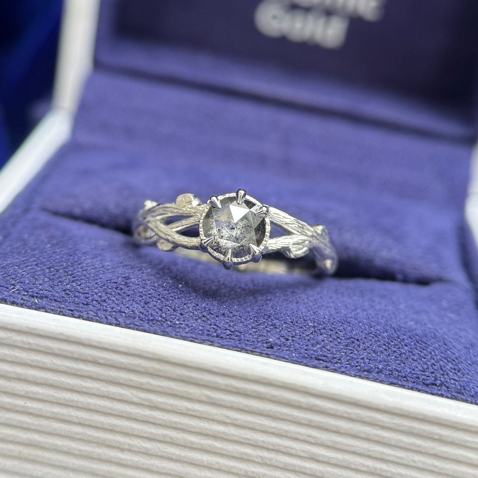 950 Platinum and 5mm Salt-and-pepper Diamond Tree Branches Custom Ring, size 4.5