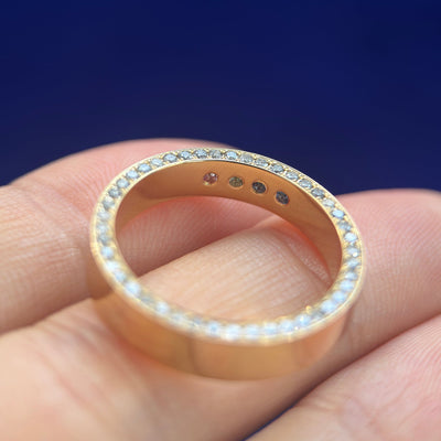 18k Yellow Gold and Off-set Pave 1.2mm Salt-and-Pepper Diamonds All the way around 4.5mm Industrial Mirror Band Custom Ring, size 8, with 2pc aquamarine, peridot, pink tourmaline