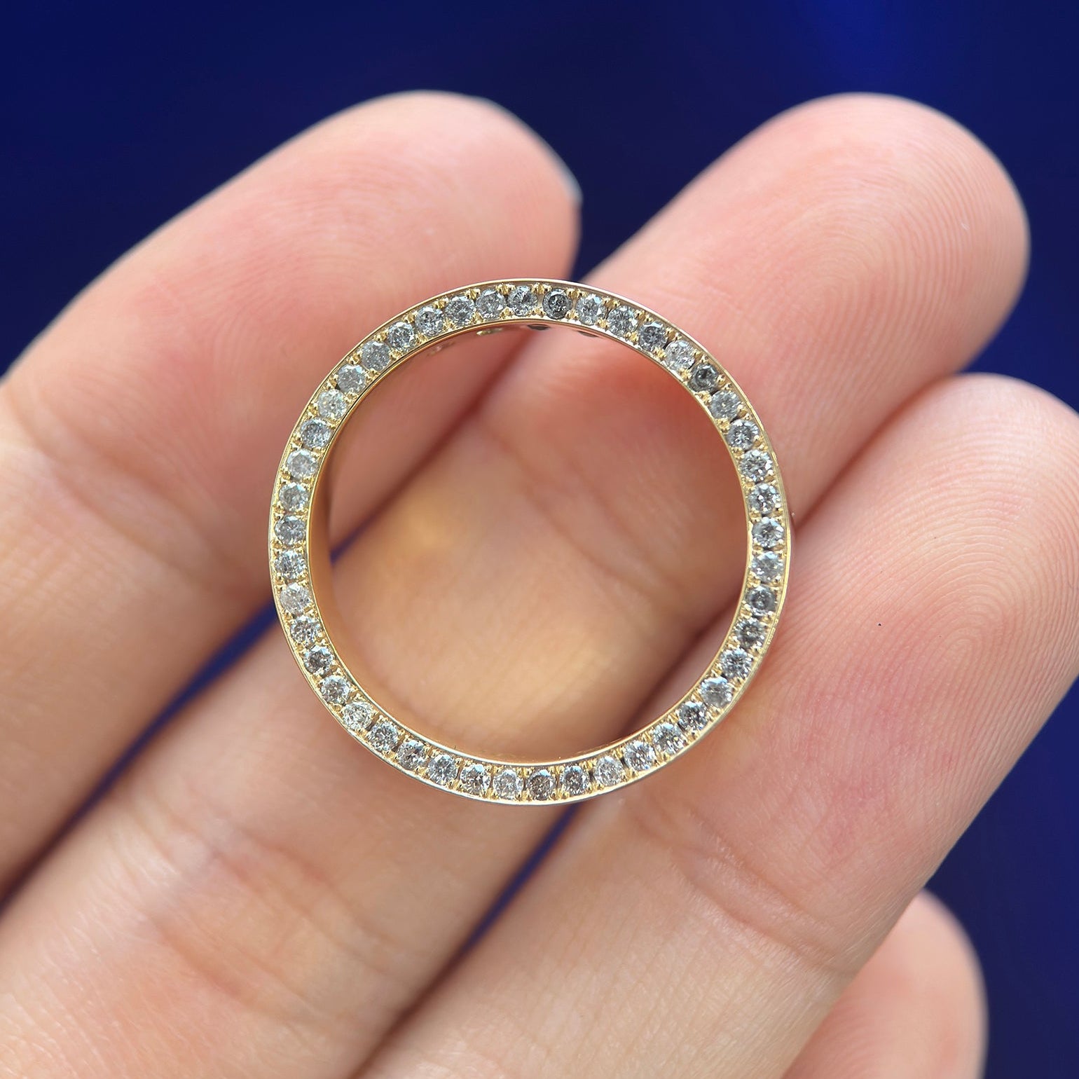 18k Yellow Gold and Off-set Pave 1.2mm Salt-and-Pepper Diamonds All the way around 4.5mm Industrial Mirror Band Custom Ring, size 8, with 2pc aquamarine, peridot, pink tourmaline