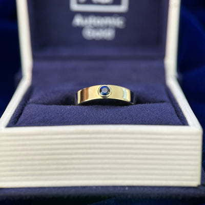 14k Yellow Gold 3mm Sapphire on Custom Gemstone Industrial Band engraved inside " Sorted " in Cormorant Garamond font