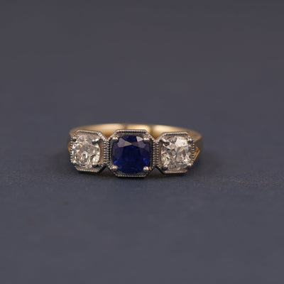 14k Yellow Gold Round Repolished Heirloom Sapphire with Heirloom Diamonds 3-stone Custom Ring