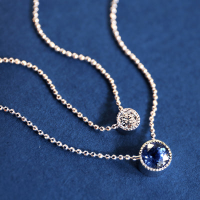 14k White Gold Milgrain Bezel set Diamond and Sapphire Soldered on Bead Chain Custom Necklace Set