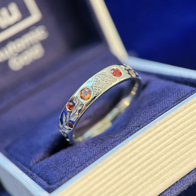 950 Platinum and Flush-set Red and Yellow 3mm Sapphire on 5mm Mix Mirror Band engraved three fourths around with Leaves vines and 6pc Flush-set lab Diamonds Custom Ring, 9 gram, size 10.5