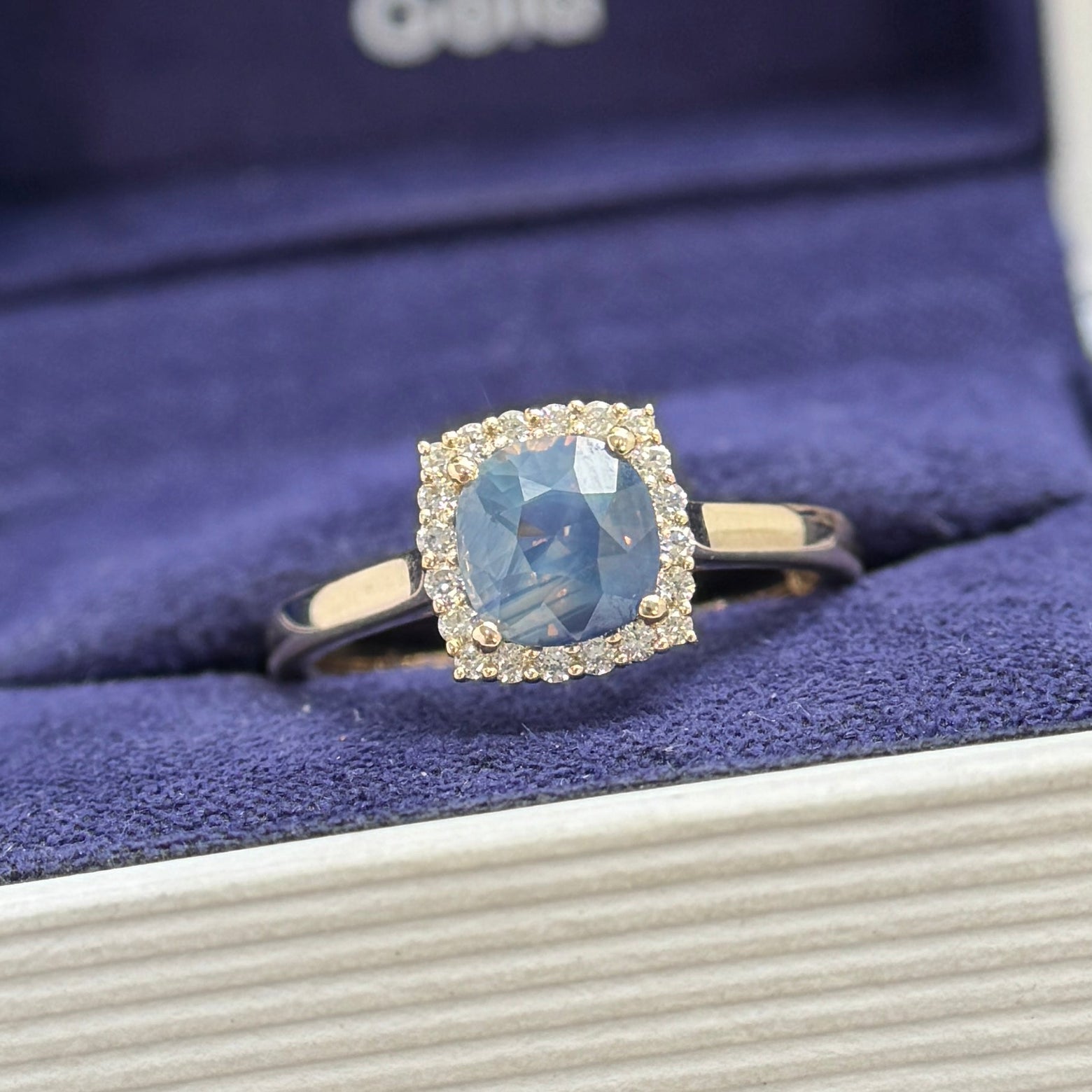 14k yellow gold and 1.38ct sunset blue sapphire with halo clear diamonds custom ring size 6.25