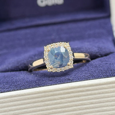 14k yellow gold and 1.38ct sunset blue sapphire with halo clear diamonds custom ring size 6.25