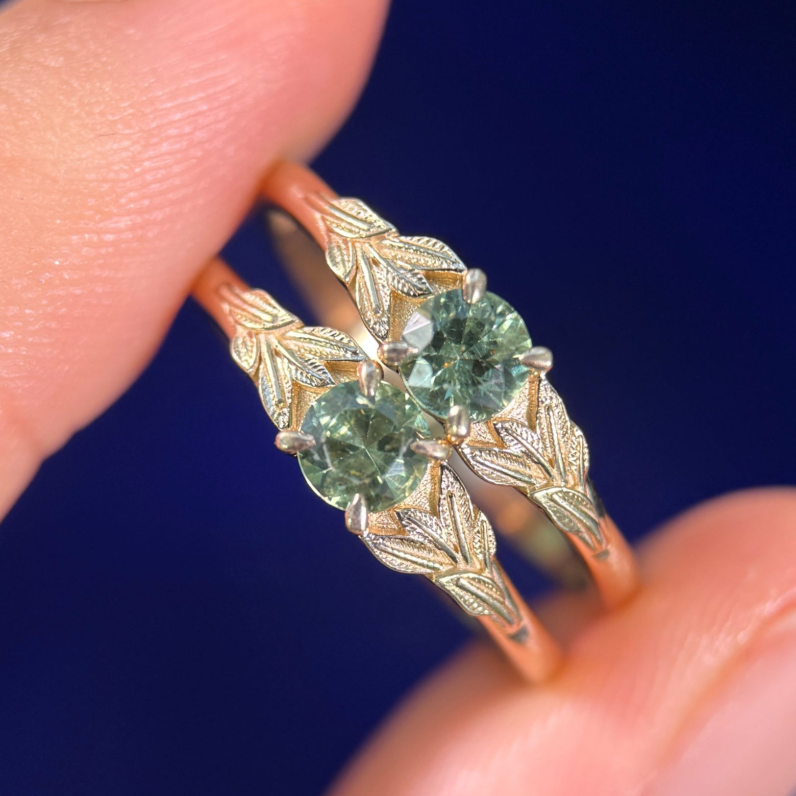 14k Yellow Gold Claw Prongs-set 5mm Green Sapphire Leaves Band Custom Couples Matching Rings Set, Size 7.5 and 8.5