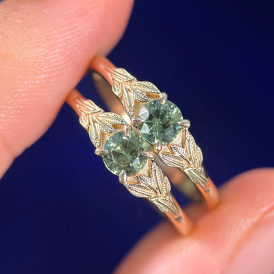 14k Yellow Gold Claw Prongs-set 5mm Green Sapphire Leaves Band Custom Couples Matching Rings Set, Size 7.5 and 8.5