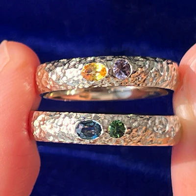 14k Champagne Gold Round and Oval Sapphires Flush set on Organic Hammered Band Custom Rings Set