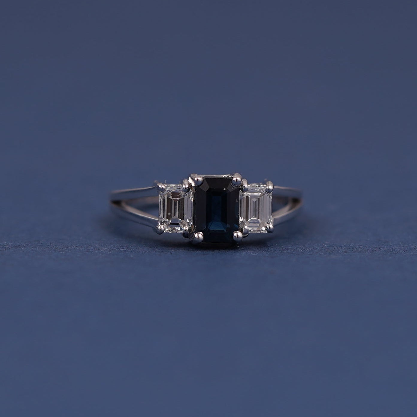 14k White Gold Emerald Lab Sapphire with Two Emerald Lab Diamonds Split Shank Custom Ring