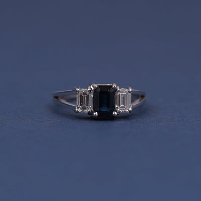 14k White Gold Emerald Lab Sapphire with Two Emerald Lab Diamonds Split Shank Custom Ring