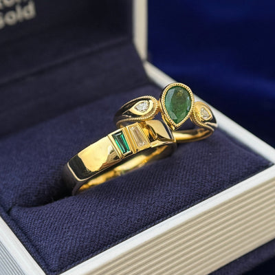 22k Yellow Gold and Milgrain-bezel-set 1.08ct Natural Emerald Custom-cut into 5x7.1mm Pear with 2pc 3x2mm Lab Diamonds Flush-set on Milgrain Tapered Band Custom Ring, 5 grams, size 4.75 and