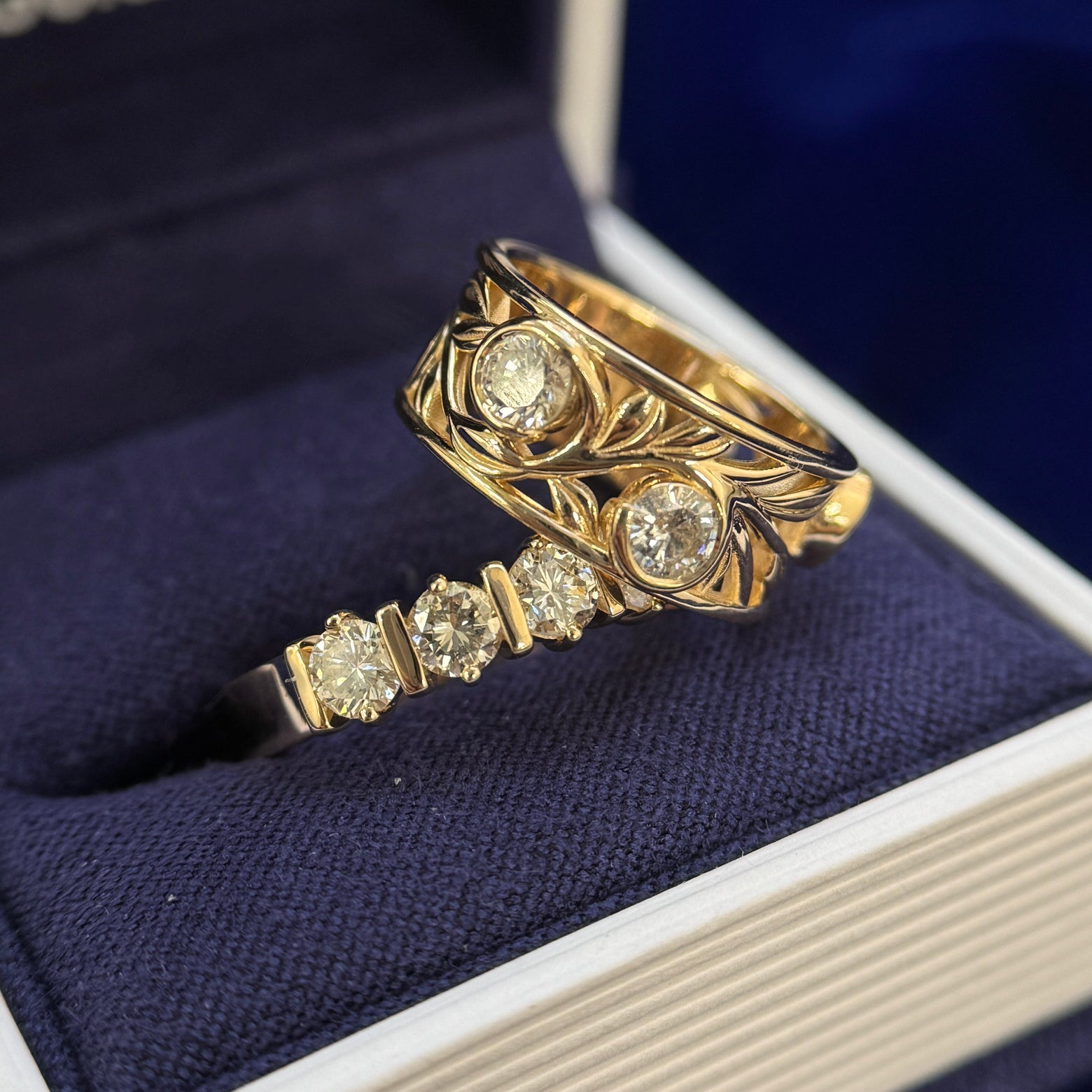 14k Yellow Gold and Tension-set 3pc Customers 3.8mm Diamonds set on 9mm all around Mirror Fligree Open Band Custom Ring, 6 gram, size 4.5 and 14k Yellow Gold and Prongs-and-bars-set 4pc Customers with 1pc Lab 3.7mm Diamonds on 3.5mm Industrial Mirror Band Custom Ring, 4 gram, size 7