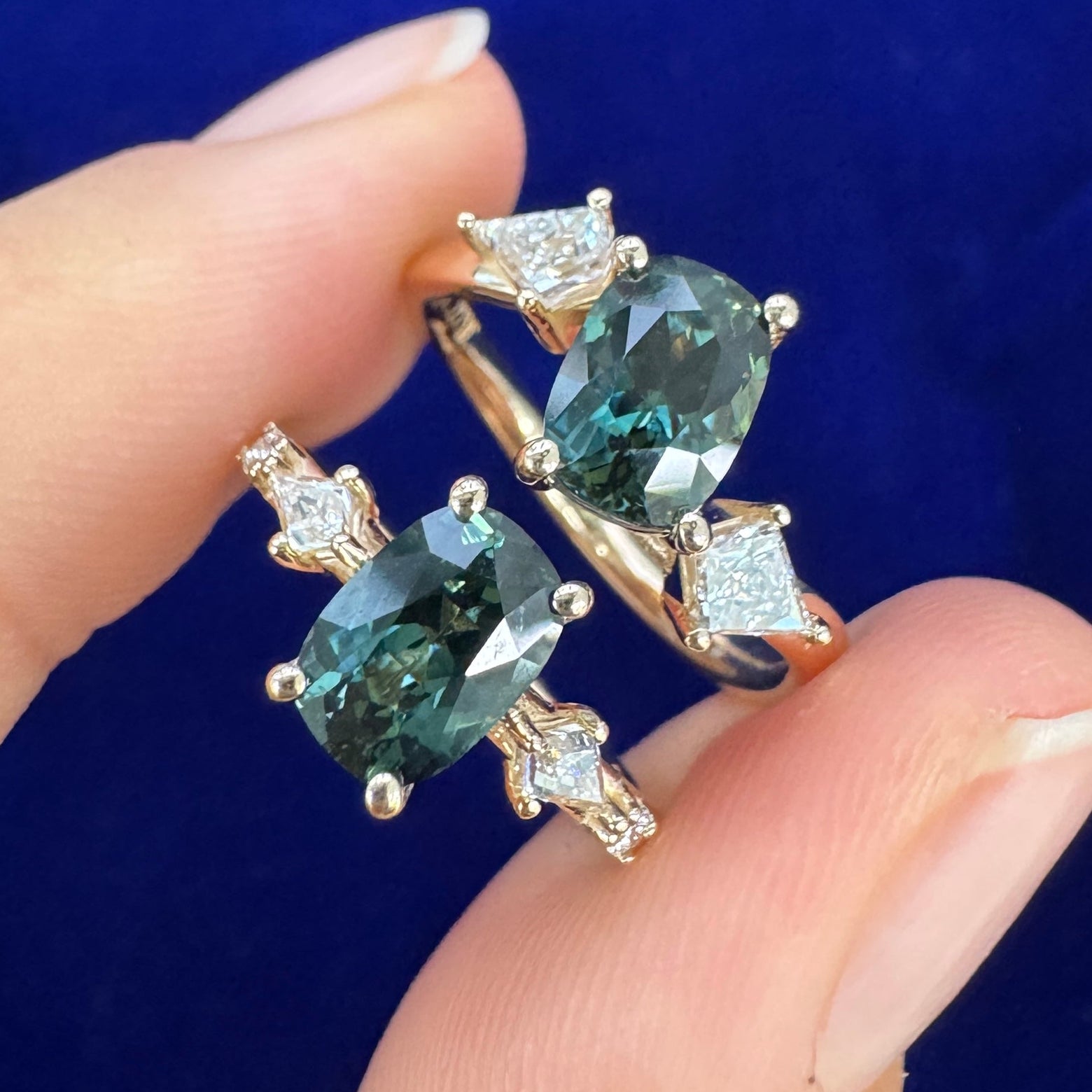 14k Yellow Gold Customers 1.25ct Sapphire and 4.6x3.2mm Lab Kite Diamonds and 2pc 2mm Round Lab Diamonds on 1.8mm Mix Mirror Band Custom Ring, Size 4.25 and 14k Champagne Gold and 0.88ctw Cluster of Sapphires Custom Ring, size 4.5