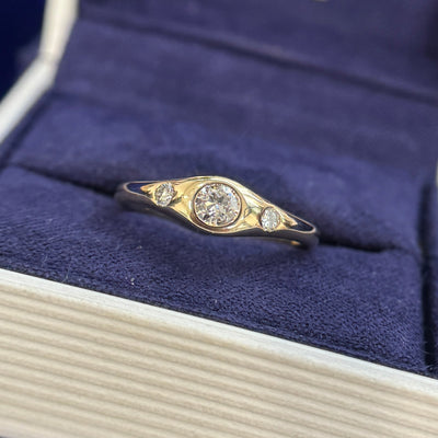 14k Yellow Gold Flush-set Customers 3pc Round Diamonds on Signet Band Custom Ring, size 5.75