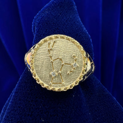 14k Yellow Gold Pyramid-border Signet with Engraved Orion Constellation Small Round Lab Diamonds Custom Engagement Ring, size 9.25