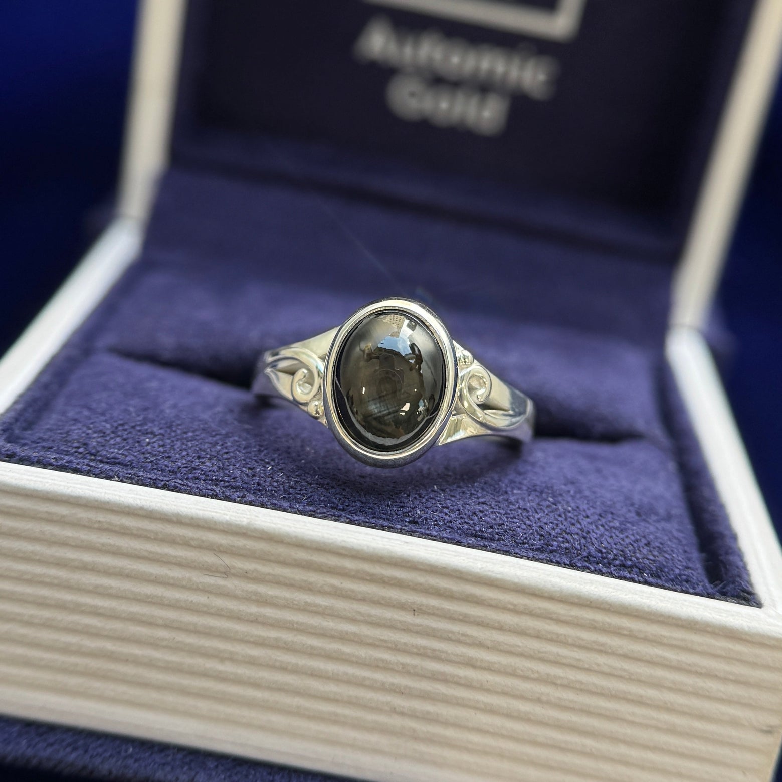 925 Sterling Silver and Clients Cabochon Black Sapphire reset into Low-set Split Shank Custom Ring, size 4.75