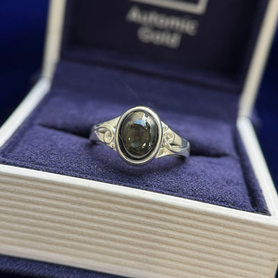 925 Sterling Silver and Clients Cabochon Black Sapphire reset into Low-set Split Shank Custom Ring, size 4.75