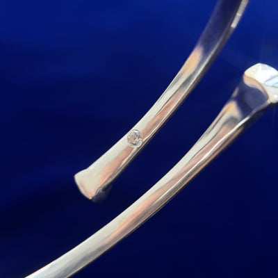 925 Sterling with Silver Rhodium finish and Bezel set 2pc Customers Tanzanites and Customers 10pc Diamonds on Custom Open Bangle, fit for 8inch wrist