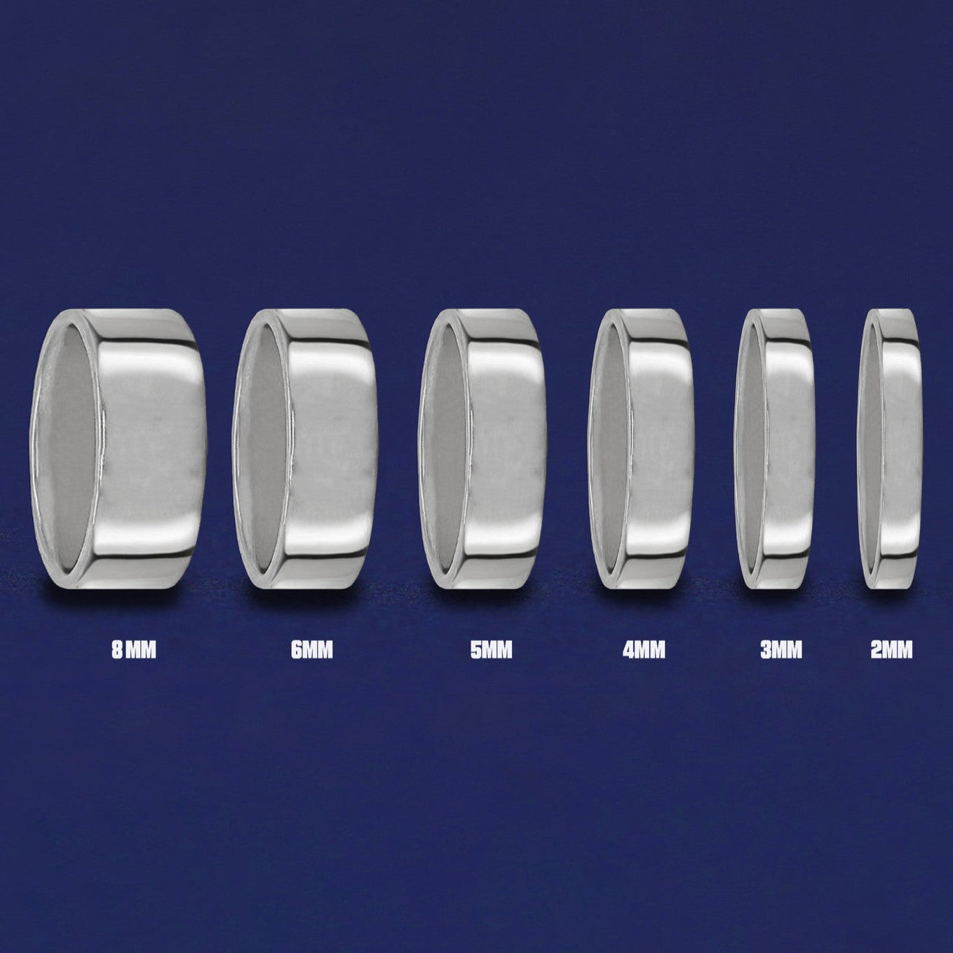 Seven versions of the Silver Industrial Mirror Band showing the different thickness options of the ring from 8mm to 2mm