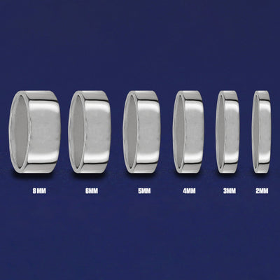 Seven versions of the Silver Industrial Mirror Band showing the different thickness options of the ring from 8mm to 2mm