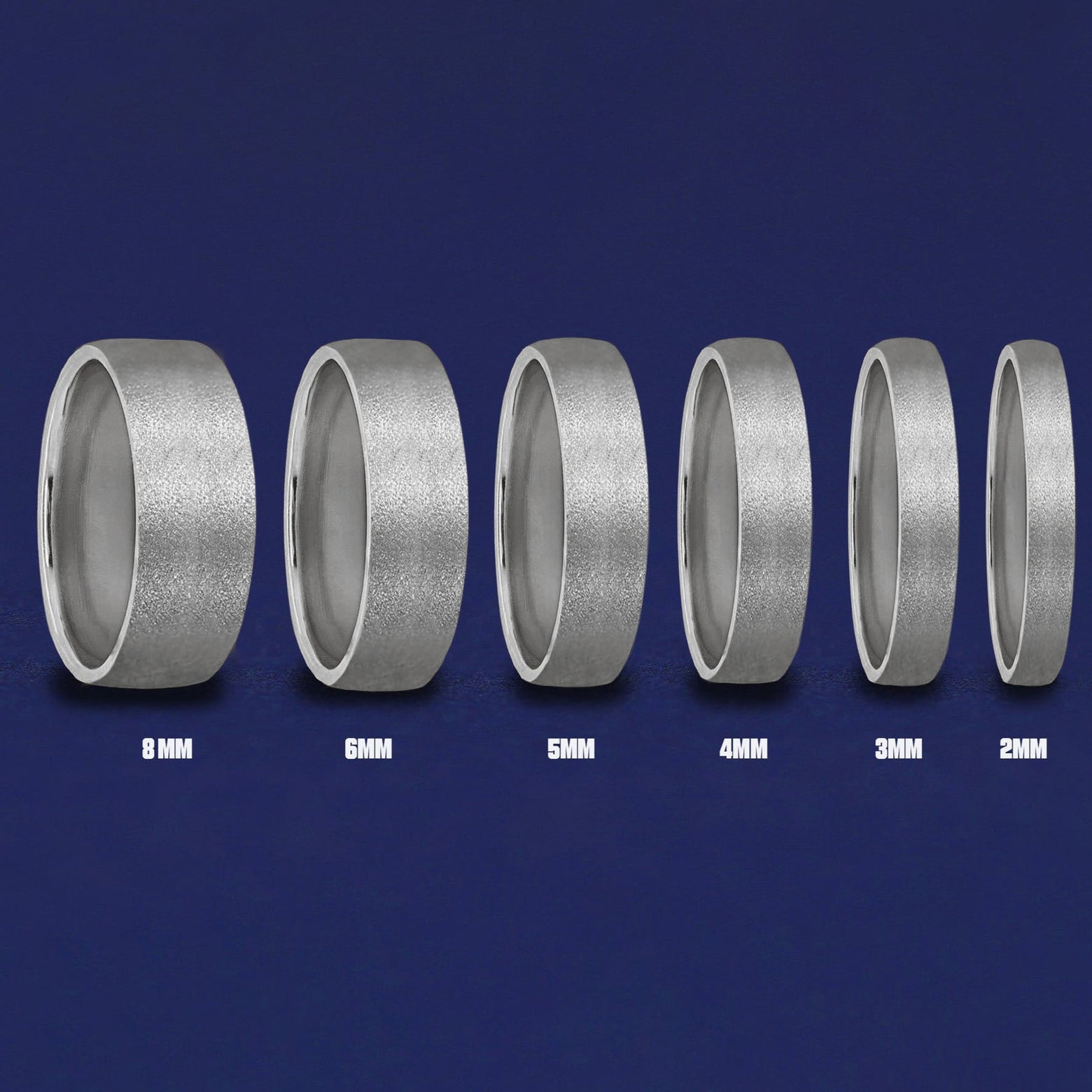 Seven versions of the Silver Mix Stardust Band showing the different thickness options of the ring from 8mm to 2mm