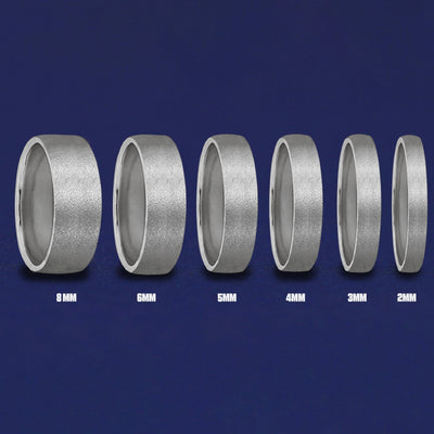 Seven versions of the Silver Mix Stardust Band showing the different thickness options of the ring from 8mm to 2mm