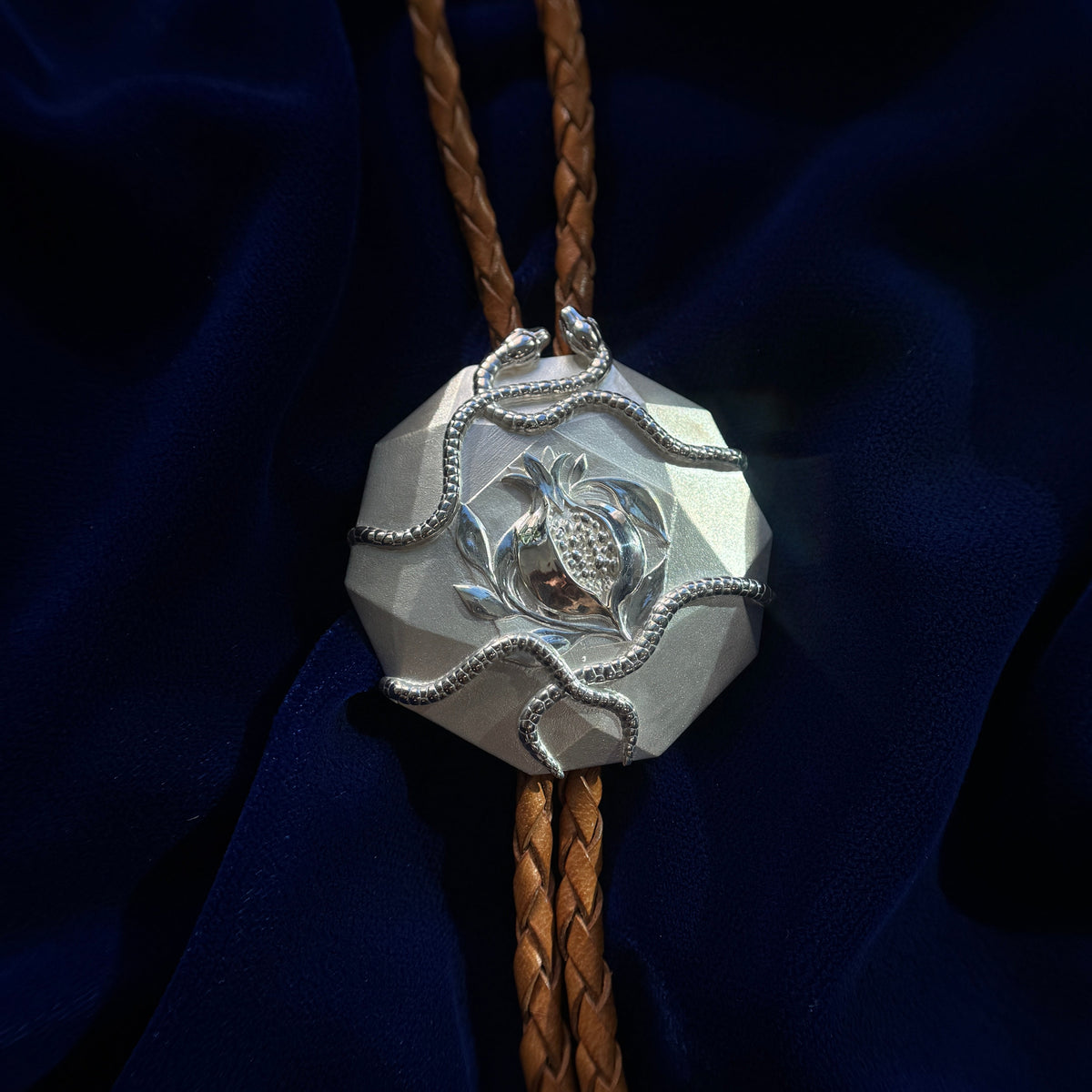 925 Sterling Silver Bolo Tie Clip with Pomegranate Engraved and Two 3D Snakes Custom Piece