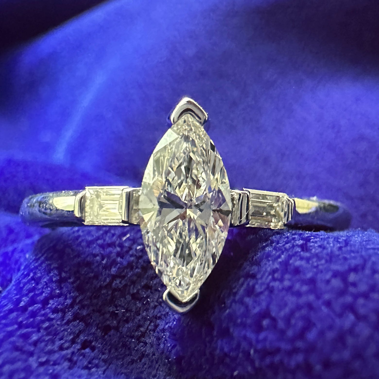 14k White Gold and 0.56ct Lab Made Marquise Diamond with Baguette Lab Diamonds 3-stone Custom Ring, size 7.5