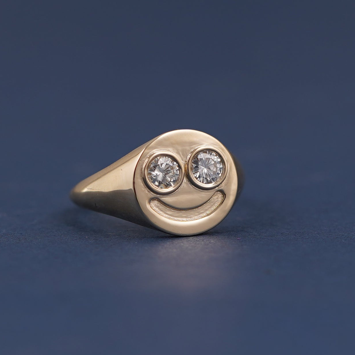 14k Yellow Gold and Heirloom Round Diamonds Signet Smiley Face Emoji Custom Ring