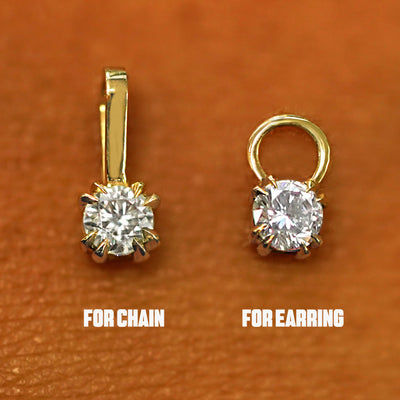Two 14 karat solid gold Diamond Charms shown in the For Chain and For Earring options