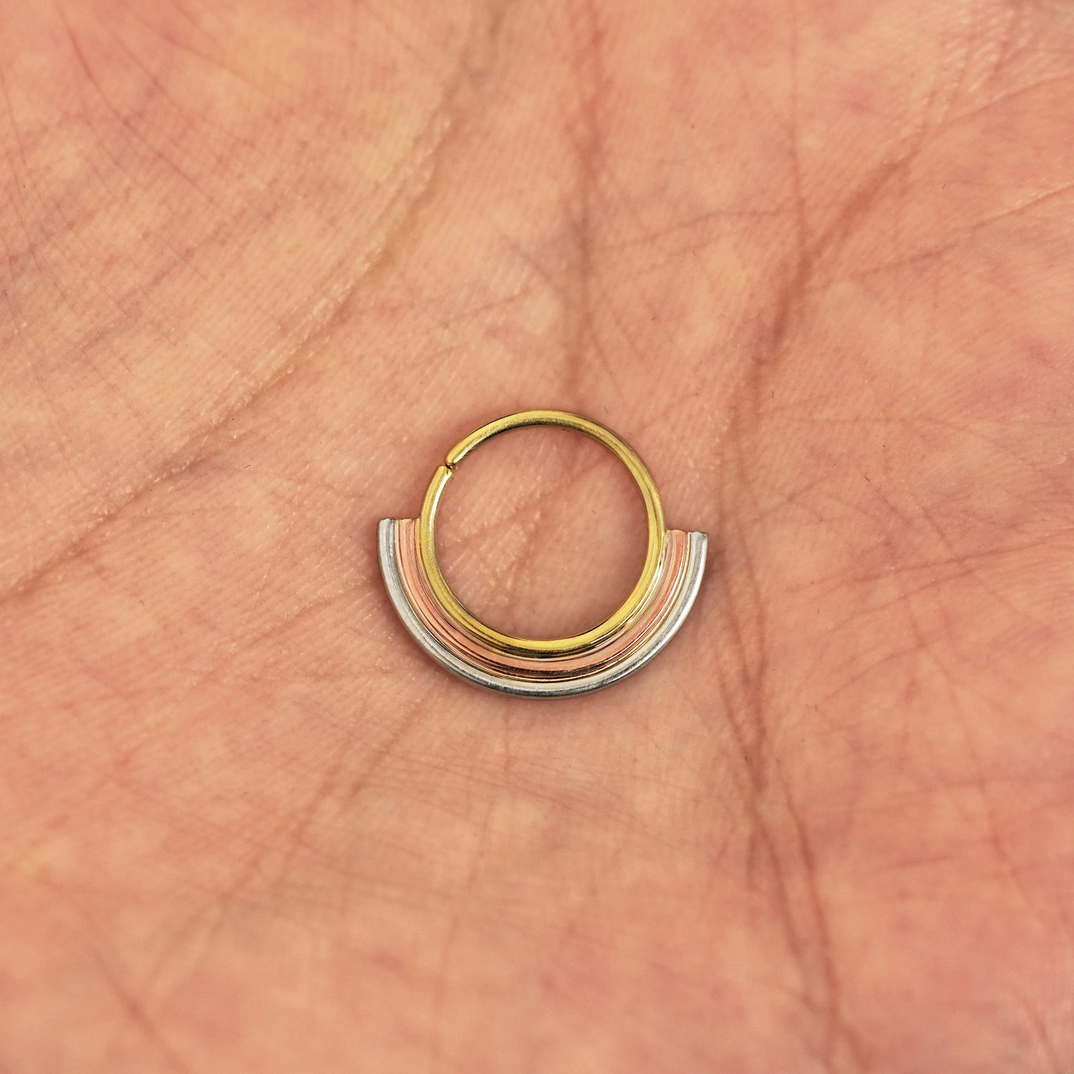 A model's hand holding a 14 karat yellow gold Pierced Rainbow Septum
