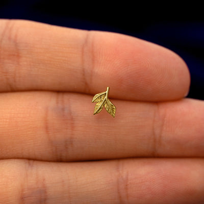 A model holding a solid gold 3 Leaf stud earring between two fingers