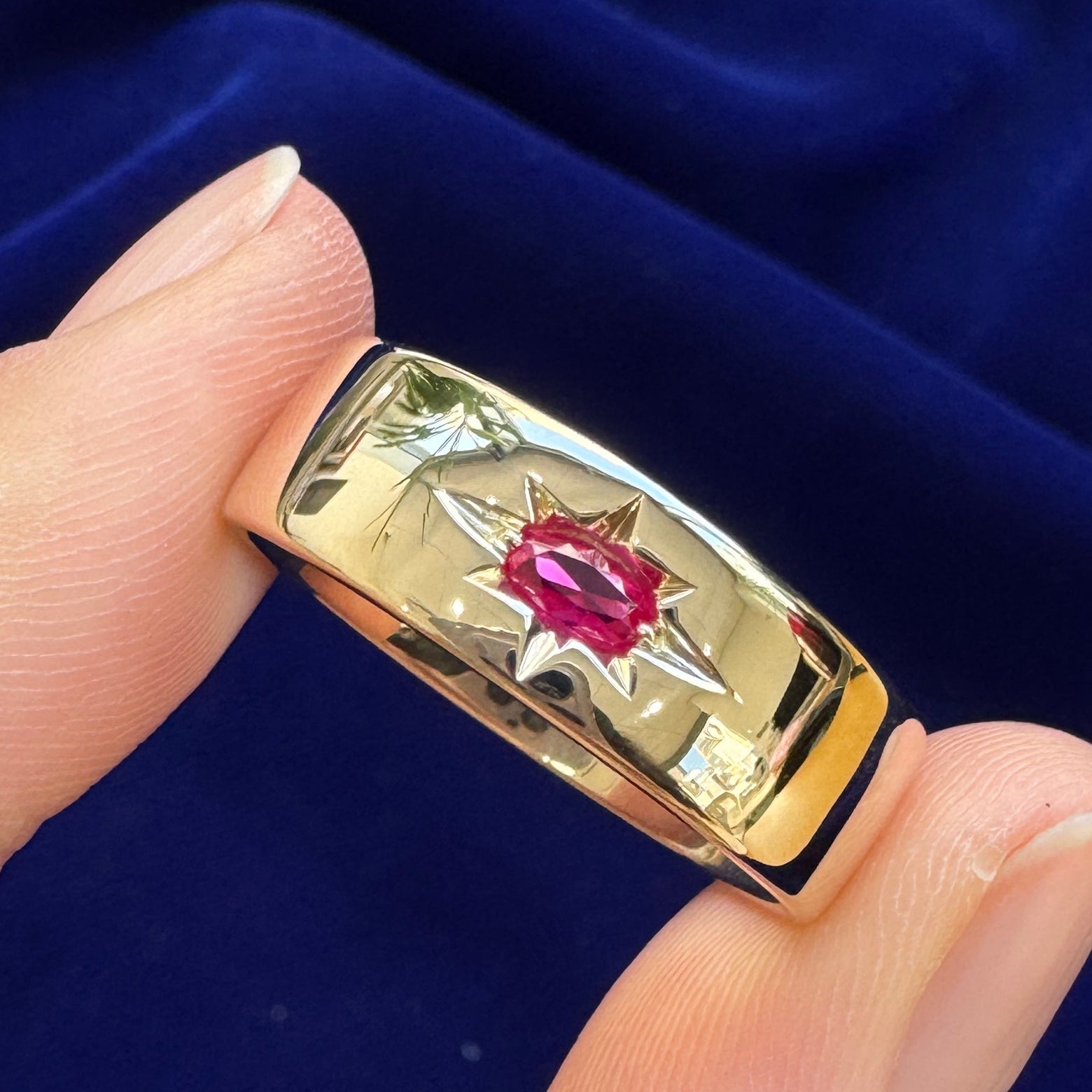 14k Yellow Gold and Flush-star-set Oval Lab Ruby on 7mm Industrial Mirror Band Custom Ring, size 10.5