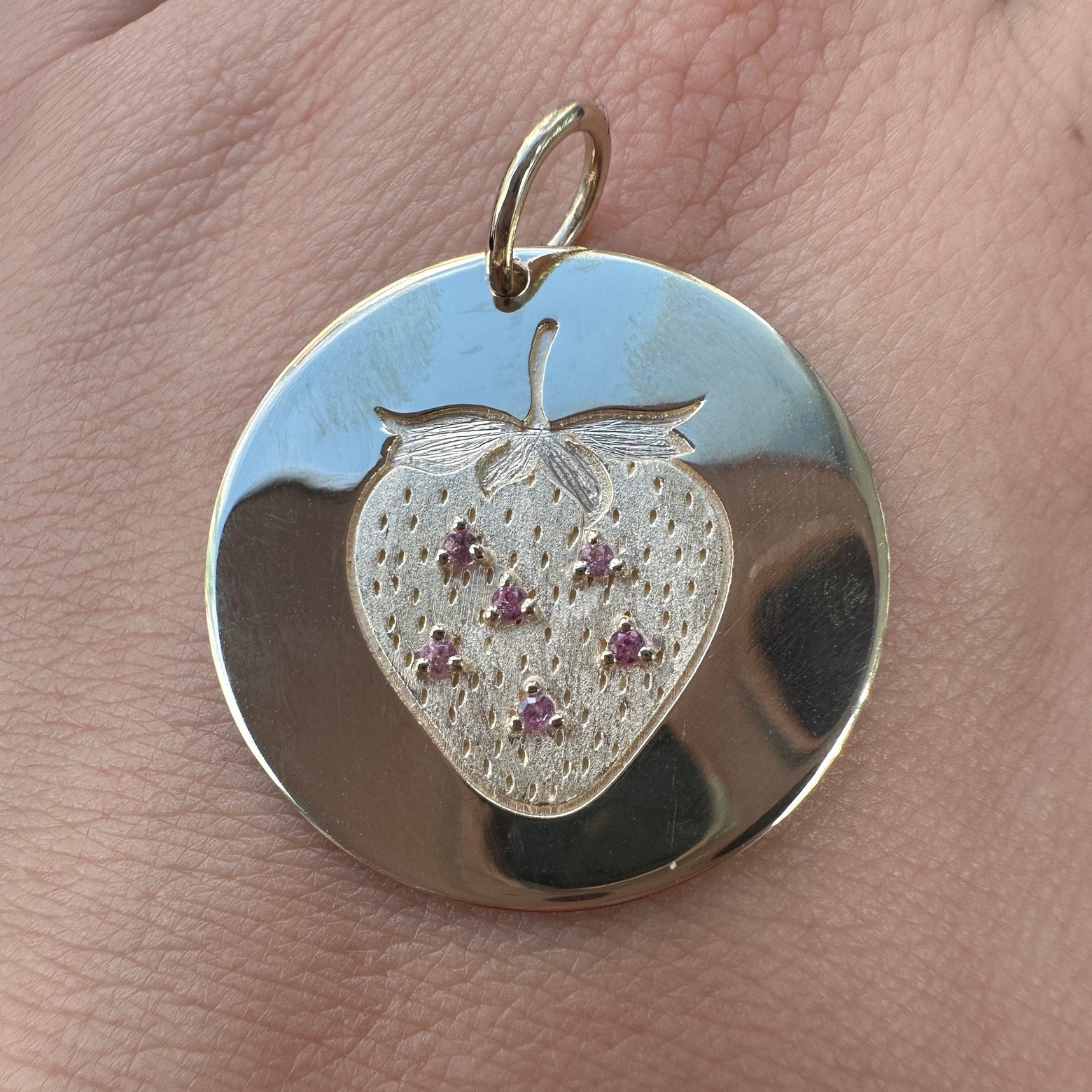 14k Yellow Gold with Prongs-set 6 Pink Sapphires on Strawberry Engraved 24mm Disk Custom Pendant