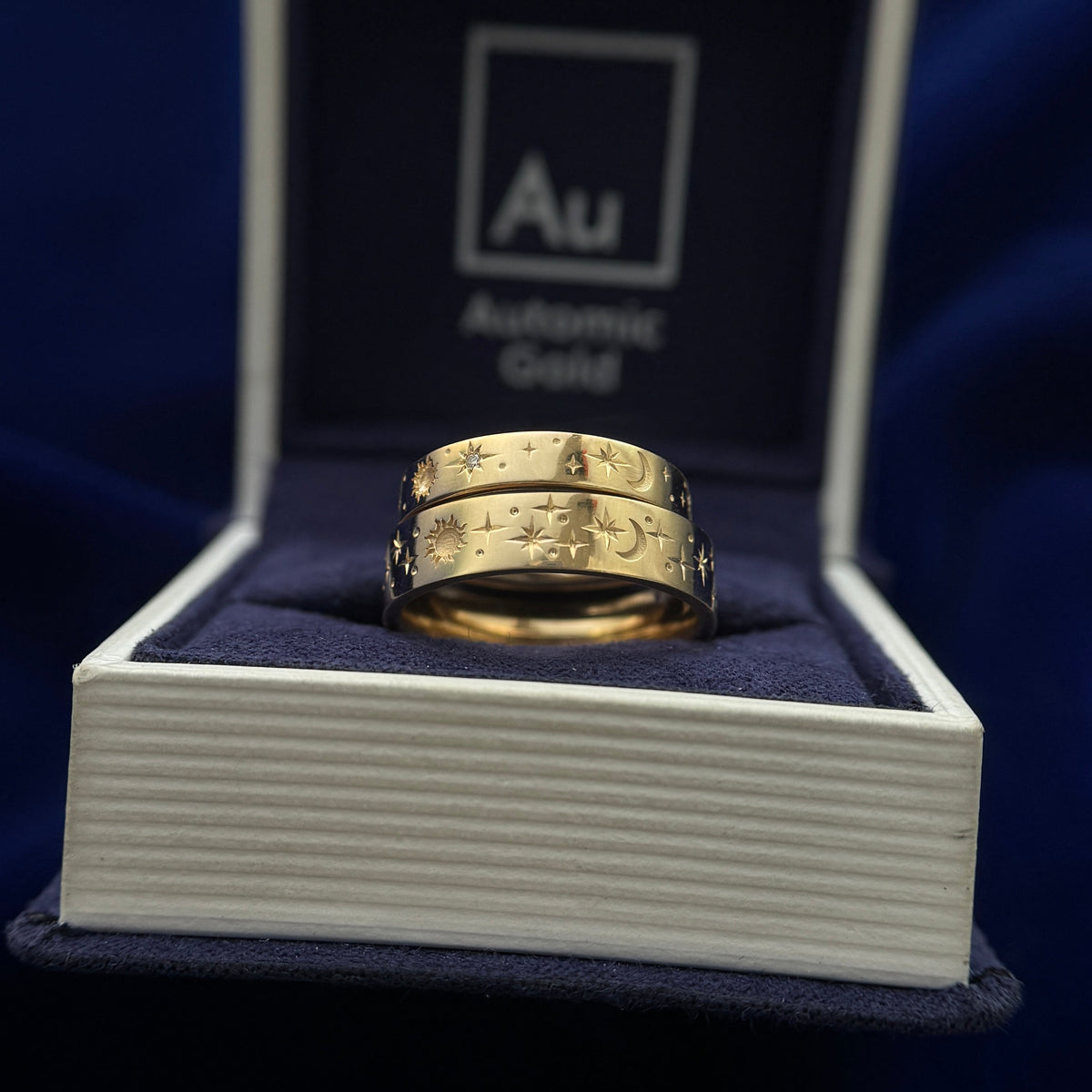 14k Yellow Gold Stars Moon and Sun Matching Couple Bands Rings , size 4.75 and 7.75