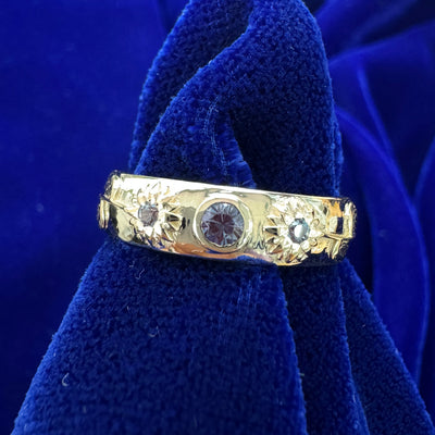 14k Yellow Gold Bezel-set 3mm Round Lab Alexandrite and 2pc 2mm Round Lab Alexandrites with Sunflowers and Leaves on 5mm Band Custom Engagement Ring, size 8