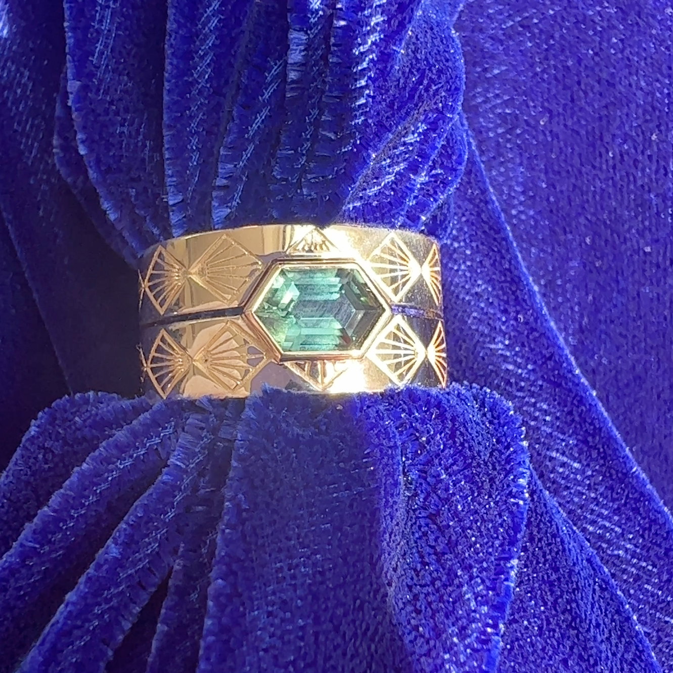 14K Yellow Gold and Hexagon Teal Sapphire offset on Art Deco Engraving with a Matching Stacking Band Custom Rings Set