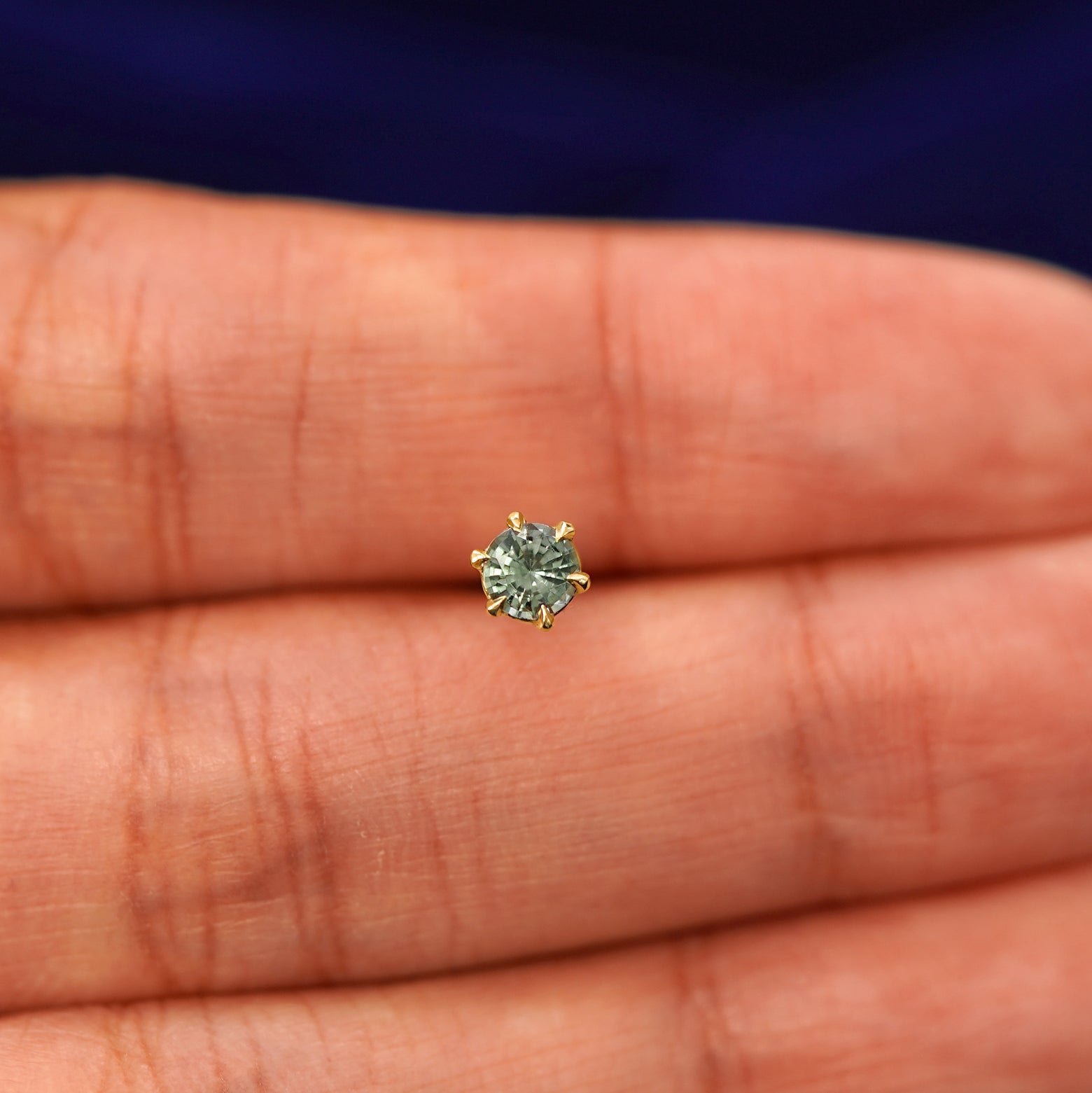 A solid 14k yellow gold Montana Teal Sapphire Earring in between a model's fingers