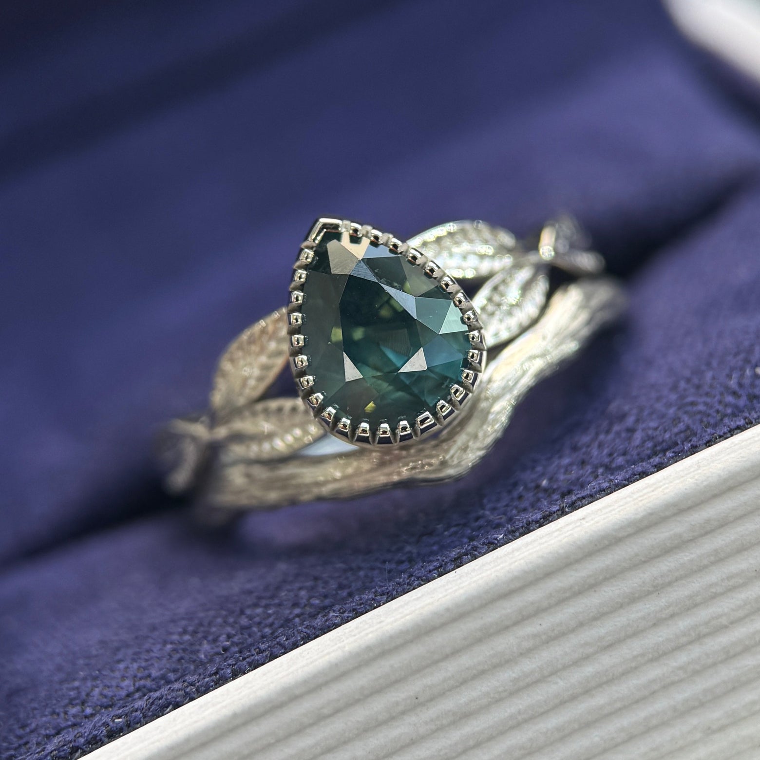 950 Platinum and 1.58ct Pear Teal Sapphire on Split Shank Leaves Band with a Matching Branch Band Custom Rings Set, size 6.25