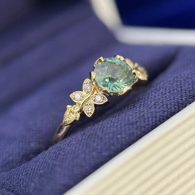14k Yellow Gold and Petal-set 1.09ct Teal Round Sapphire with 8pc Small Diamonds Butterfly and Leaves Band Custom Ring, size 6