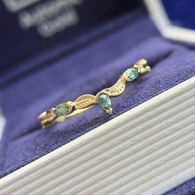 14k Yellow Gold Chevron Leaves with Pear and Marquise Teal Sapphires Custom Wedding Ring Size 7