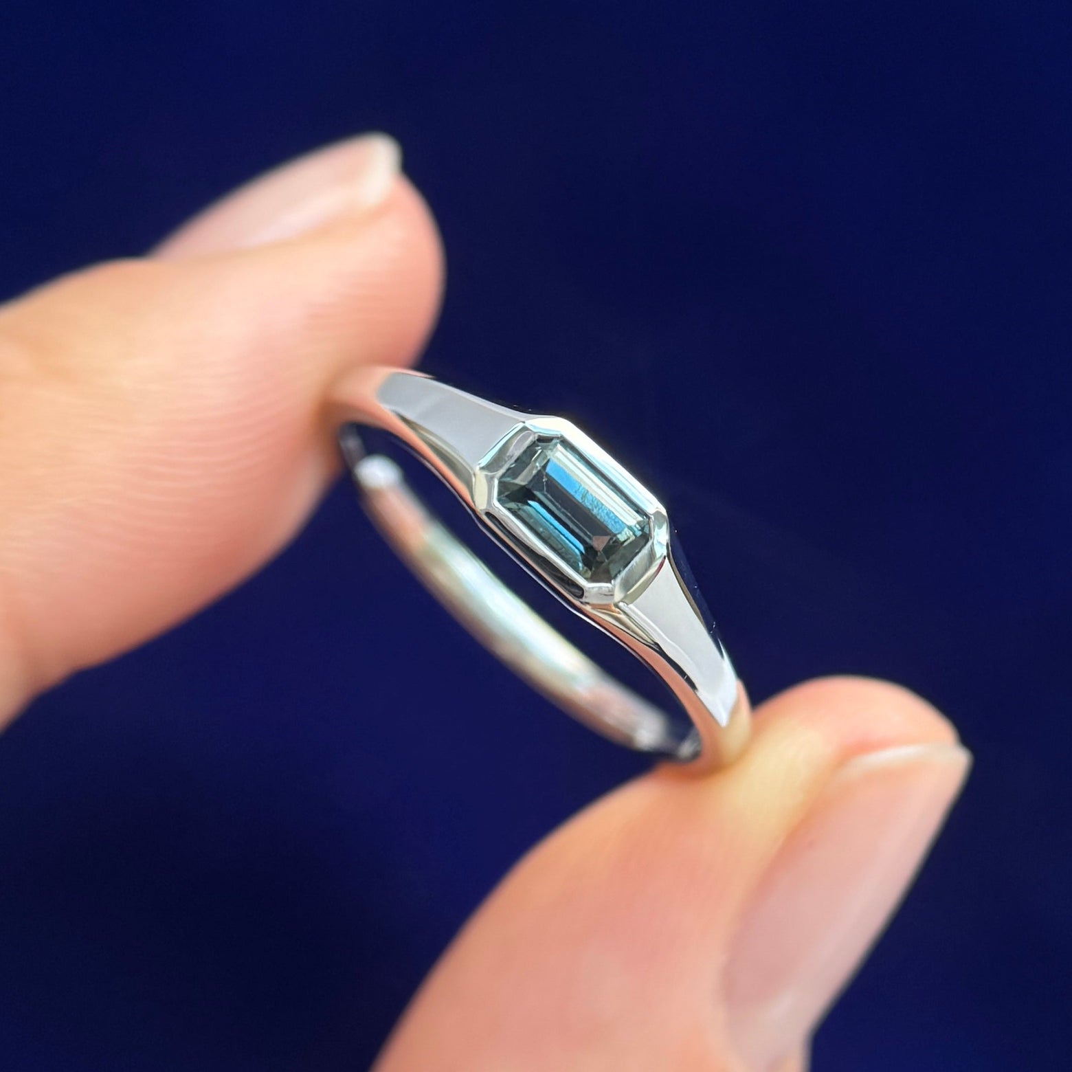 950 Platinum and 0.70ct Emerald-cut Teal Sapphire on Signet Custom Ring, size 8