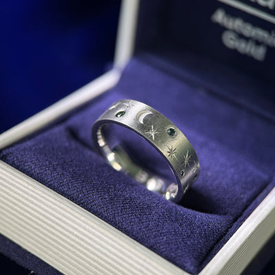 14k White Gold and 1-2mm Teal Sapphires with Crescent Moon Deep Engraved and Stars on Custom Brushed Band, Size 8.5