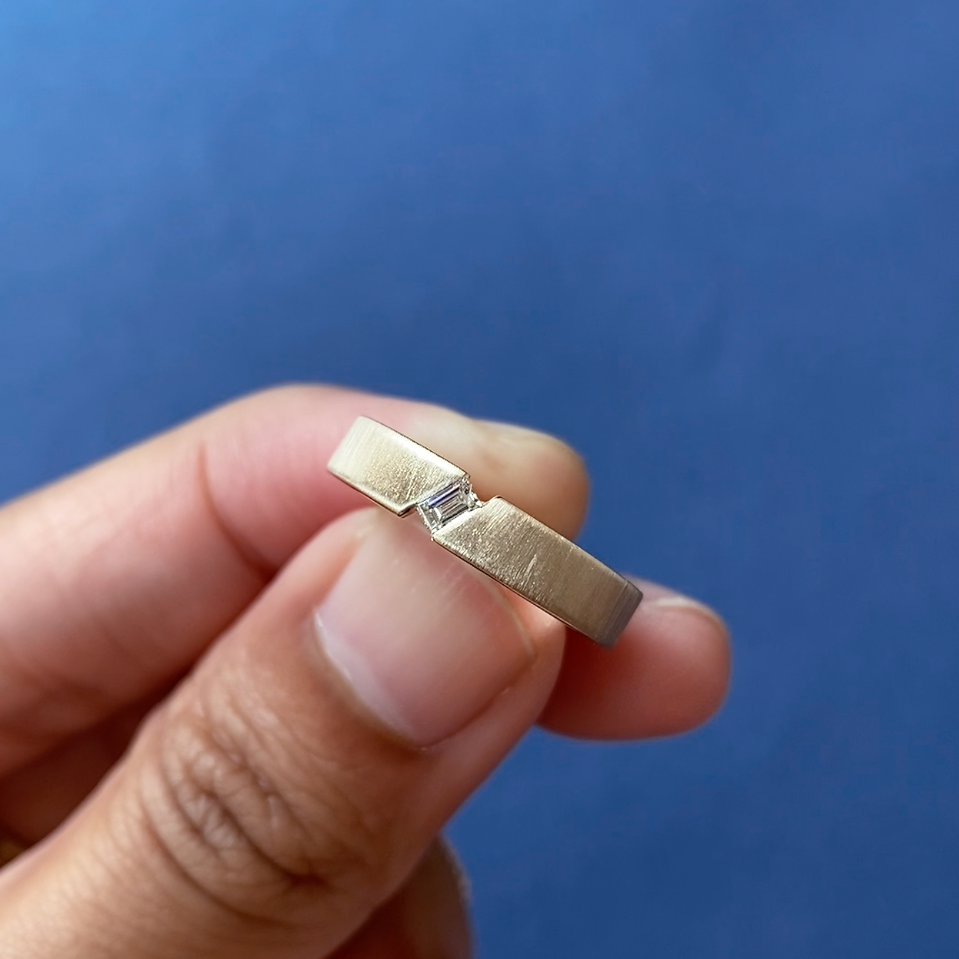 14k Yellow Gold with Floating Tension set Baguette Diamond Satin Band Custom Ring