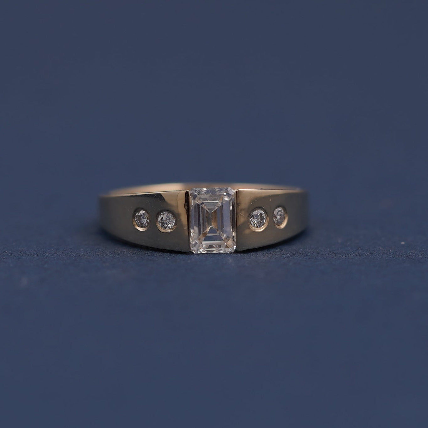 14k Yellow Gold and Tension Set Emerald-cut Diamond with Round Diamonds Tapered Band Custom Ring