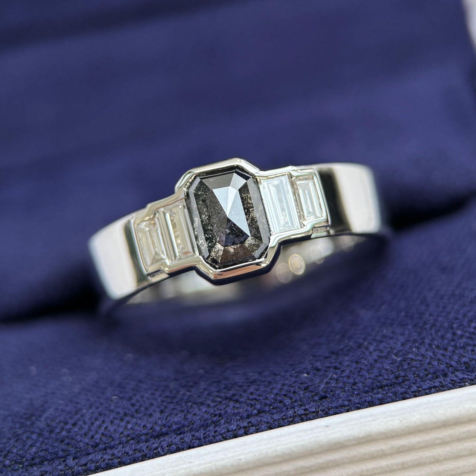 14k White Gold Emerald Cut Salt and Pepper and Clear Baguette Diamonds on 5mm Band Custom Ring Size 6