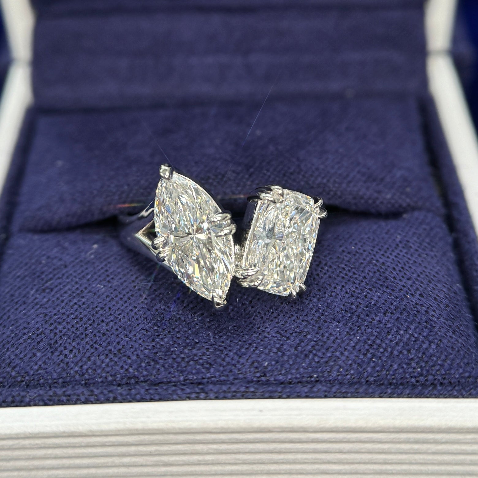 950 Platinum and Claw-prongs-cathedral-set 1.5ct Marquise and 1.5ct Cushion Lab Diamonds Toi-et-Moi on Asymmetrical Band Custom Ring, size 6.5