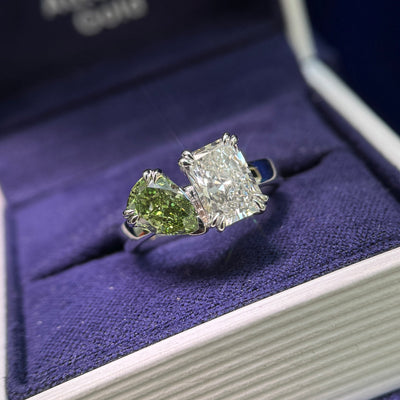 14k White Gold with 1.5ct Clear Radiant and 1ct Green Pear Lab Diamonds Low-prongs-set on 3mm Curvy Mirror Band Toi Et Moi Custom Ring, size 5
