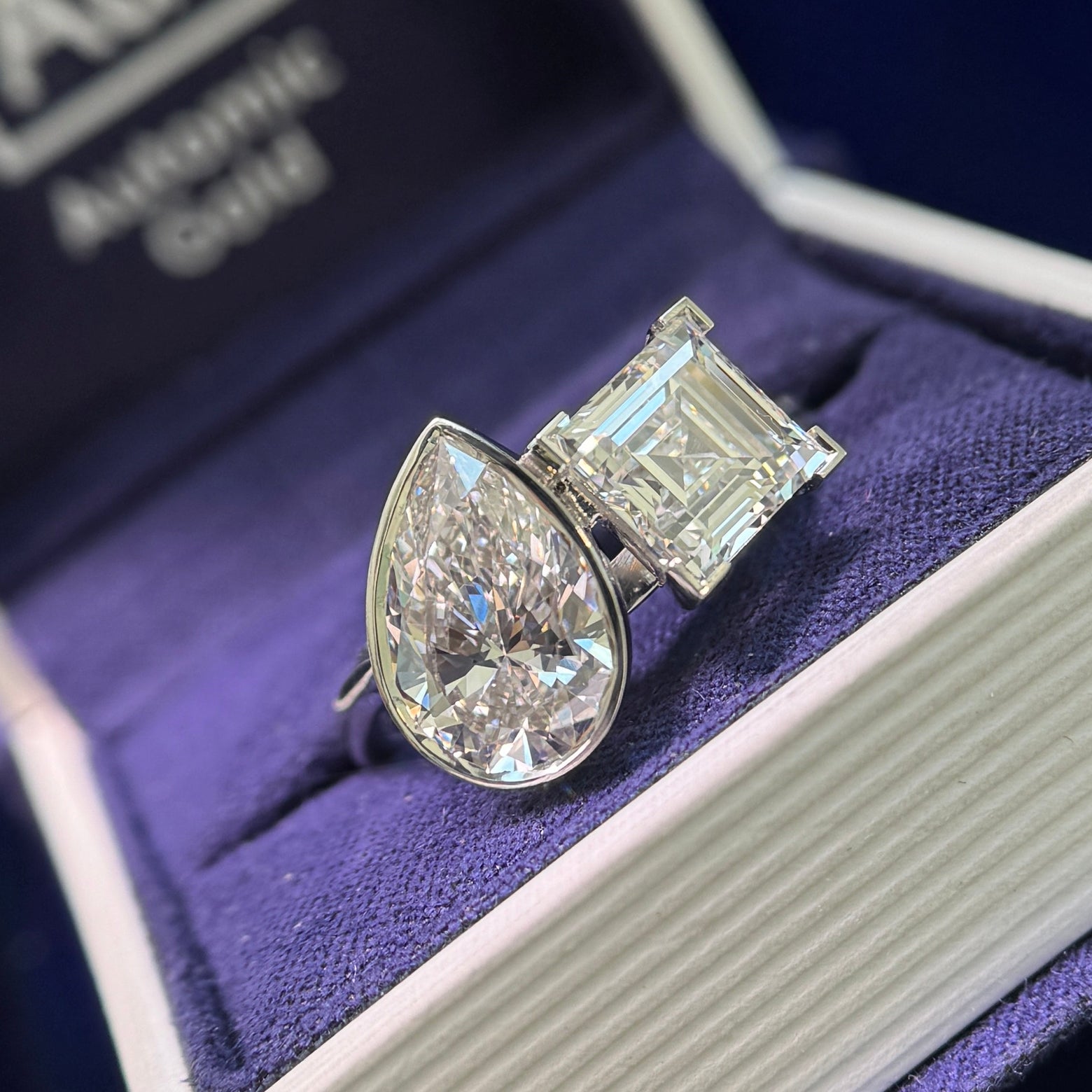 950 Platinum  with 3ct Carre-cut and 3.27ct Pear DEF VVS Lab Diamonds Toi et Moi Custom Ring, Size 9.5